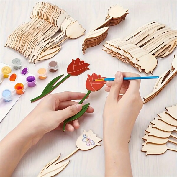 12pcs Wooden Rose Flower Shapes For DIY Crafts - Versatile Hanging Decorations For Weddings, Birthdays & Holidays,Valentine's Day