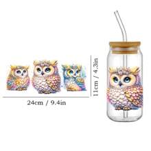 4pcs Set Of Cute Owl UV DTF Self-Adhesive Plastic Cup Wraps, Waterproof Scratch-Resistant 3D Crystal Stickers, Suitable For Glass Cups And Bottles - High-Quality Decal 4.3" X 9.4" - Multicolor - View 2