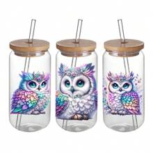 4pcs Set Of Cute Owl UV DTF Self-Adhesive Plastic Cup Wraps, Waterproof Scratch-Resistant 3D Crystal Stickers, Suitable For Glass Cups And Bottles - High-Quality Decal 4.3" X 9.4" - Multicolor - View 3