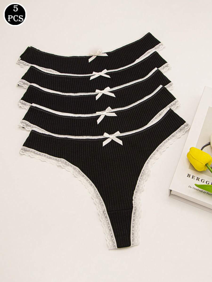 5pcs Women Black Ribbed Cute Bow Sexy Lace Trim Thong Panties - Black - View 1
