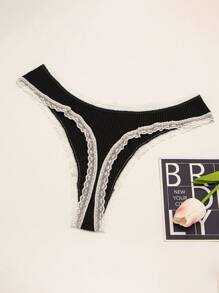 5pcs Women Black Ribbed Cute Bow Sexy Lace Trim Thong Panties - Black - View 6