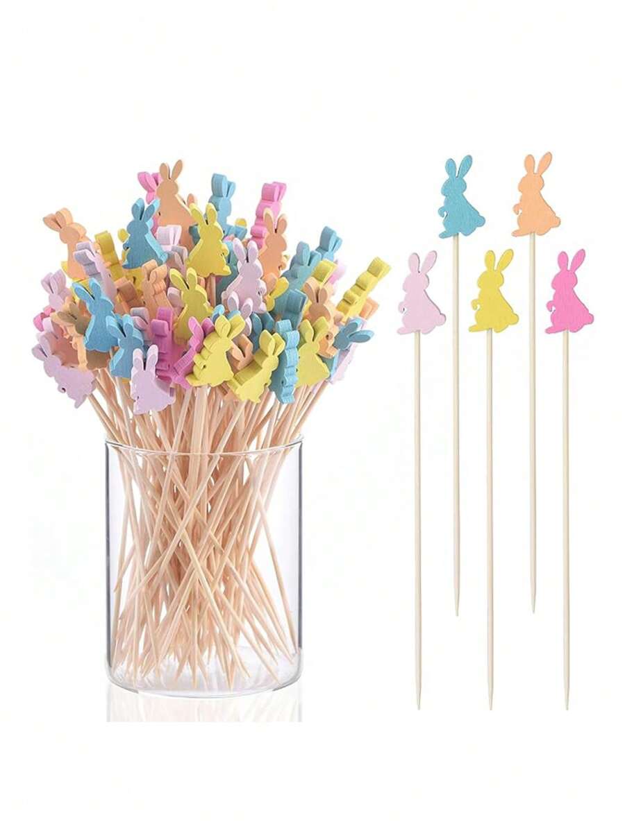 Conjunto de 30 Palitos de Bambu Coloridos em Formato de Coelho, Palitos de Bambu para a Páscoa, Palitos Decorativos de Coelho Colorido, Palitos de Bambu para Frutas com Coelhinho da Páscoa, Palitos Decorativos para Coquetéis, Palitos Decorativos para Bebidas, Decorações para Bolos, Palitos Decorativos para Restaurantes, Decoração de Coelho da Páscoa - Multicolorido - Ver 1