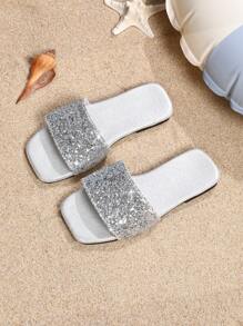 1 Pair Girls Fashionable Strap Summer Flat Beach Sandals, Versatile Indoor/Outdoor Anti-Slip Comfortable Slides - Silver - View 6