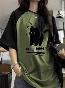Women's Fashion Casual Y2K Cute Cat Print Contrast Color Raglan Sleeve Crew Neck Short Sleeve T-Shirt