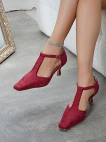 Women's Red Square Toe Mid-Heel Mary Jane Shoes, Pointed Toe Hollow Closed Toe Ankle Strap High Heel Sandals