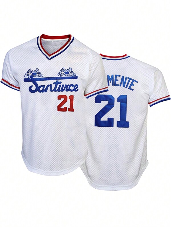Men's #21 White Crab Print And Letter Embroidery Baseball Jersey, Loose V-Neck Short Sleeve Retro Pullover Sportswear, Suitable For Street Hiphop, Baseball, Golf Training