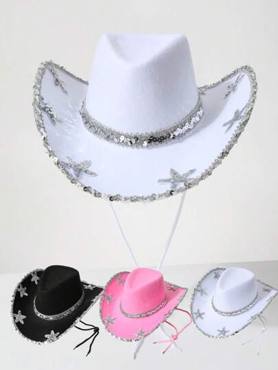 1pc Women's Western Cowgirl Hat, Silver Starfish Decor, Suitable For Beach Sun Protection, Music Festivals, Western-Themed Events, Vintage Parties, Cosplay, Stage Performance, Year-Round Wear