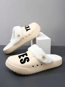 2025 New Customized Laser Engraved Fashion Comfortable Men's Winter Flat Wooden Clogs, Slip-On Solid Color Round Toe With Warm Lining House Slippers, Indoor Solid Color Faux Fur Mule Slides, Thick Soft Sole Warm Thermal Lined Slippers, Casual Style, Suitable For Adults, Nurses, Chefs, Gardeners