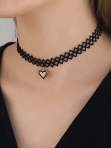 1 件时尚镂空蕾丝天鹅绒项链，星星、心形和波浪领，适合女士，性感哥特式网眼颈链 - 黑色 - 查看 4