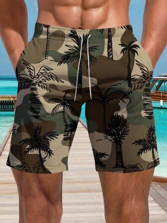 Shorts de playa hawaianos para hombre con estampado 3D de camuflaje de árbol de coco de verano