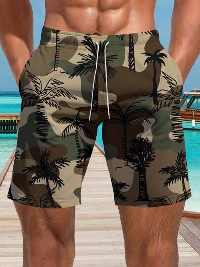 Shorts de playa hawaianos para hombre con estampado 3D de camuflaje de árbol de coco de verano