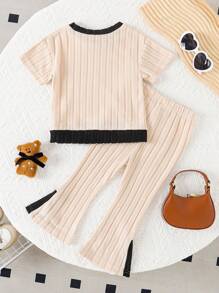 Baby Girls 2pcs Set: Color-Block Fuzzy Short Sleeve Top + Solid Color Flare Pants