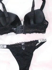Sexy Vinyl Bra And Thong Set With Lace Detail And V-Shaped Clasp, Shiny Stones On Adjustable Straps