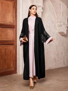 Thời trang chắp vá sequin thêu tay áo kimono abaya áo choàng caftan Hồi giáo quá khổ quần áo Hồi giáo phụ nữ áo khoác dài kaftan - màu đen - Xem 1