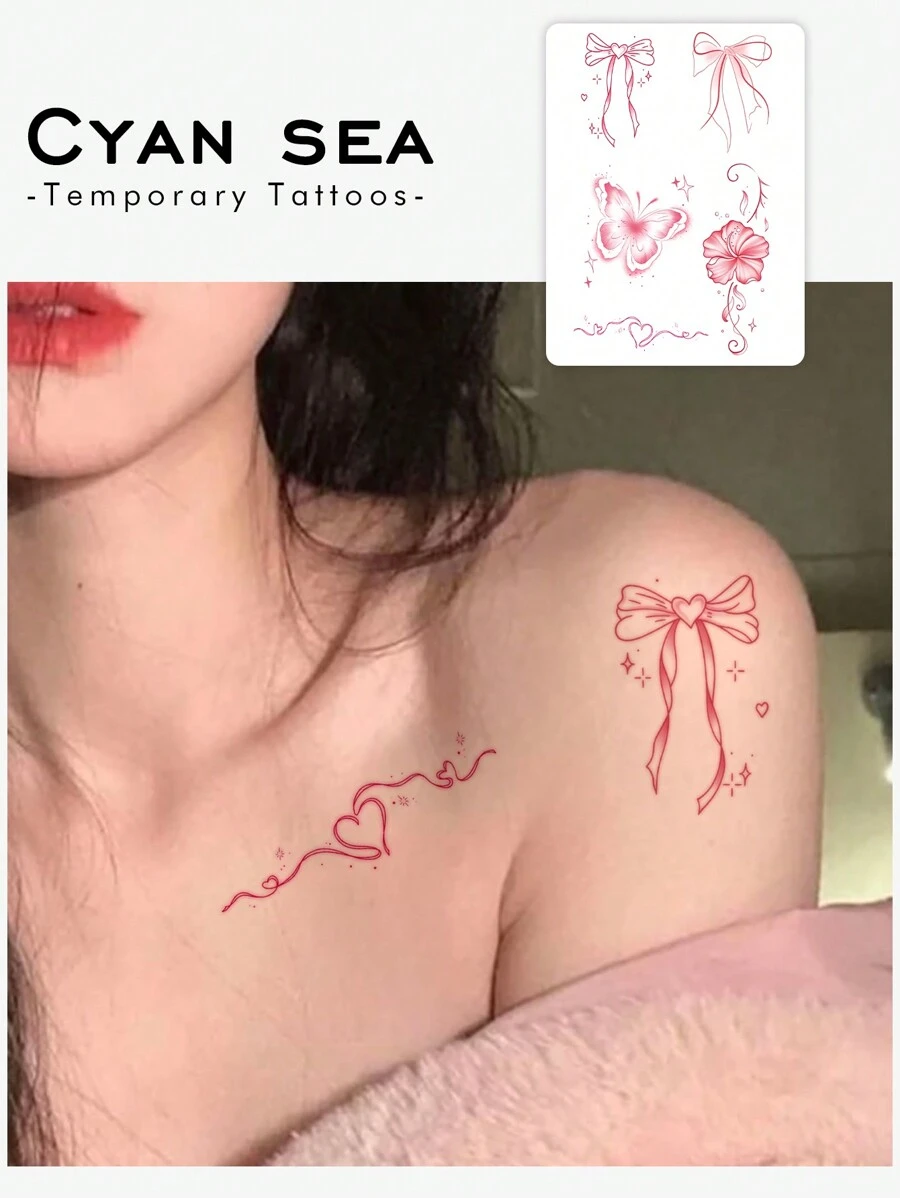 1 Piece Of Valentine's Day Tattoo Sticker, Temporary Tattoo Sticker, Sexy Pure Lust Style Colorful Butterfly Ribbon Bow Collarbone Arm Waterproof And Sweatproof Washable Non-Reflective Simulation Tattoo Suitable For Fashionable People And Can Last 3-5 Days - Multicolor - View 1