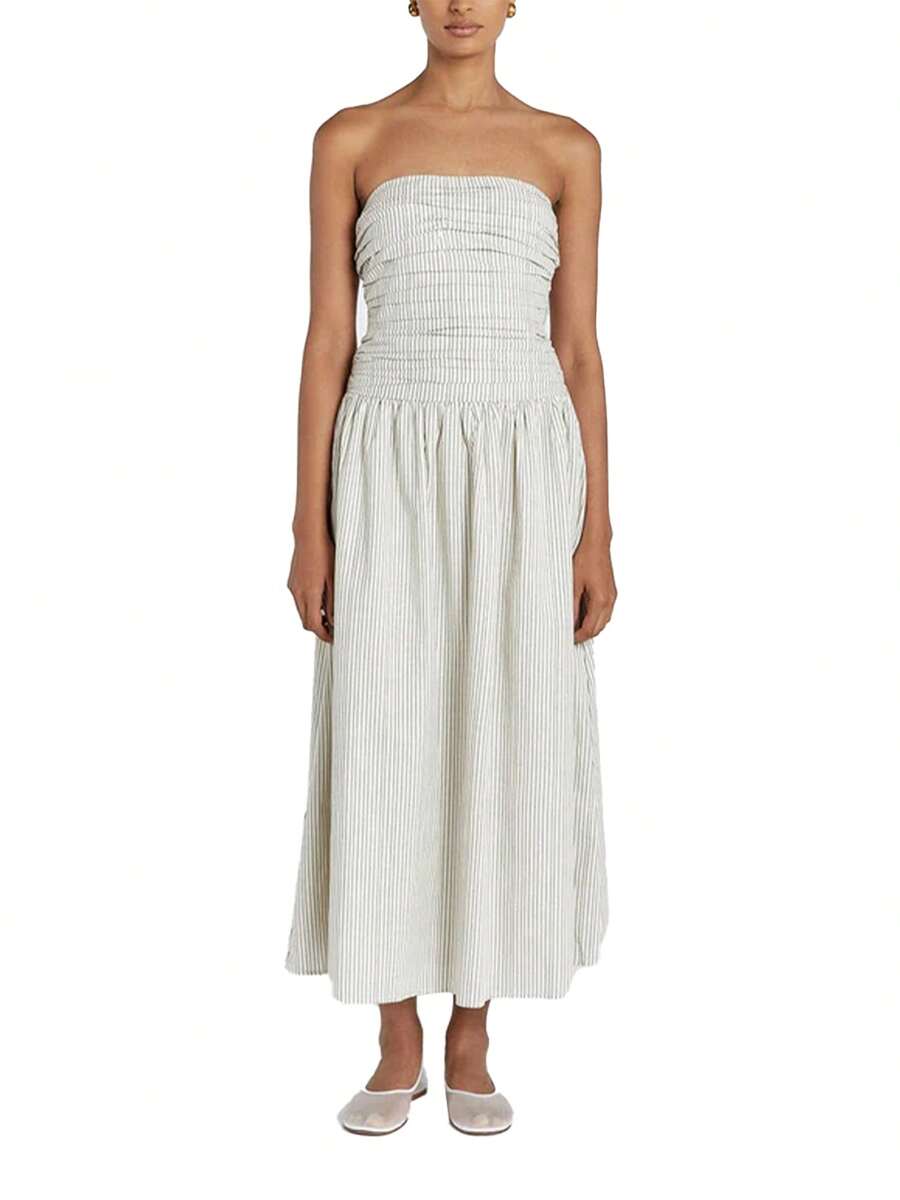 Women Strapless Party Dress Summer Striped Print Ruched A-Line Dress For Cocktail Beach Streetwear Aesthetic Clothes - trắng - Xem 1