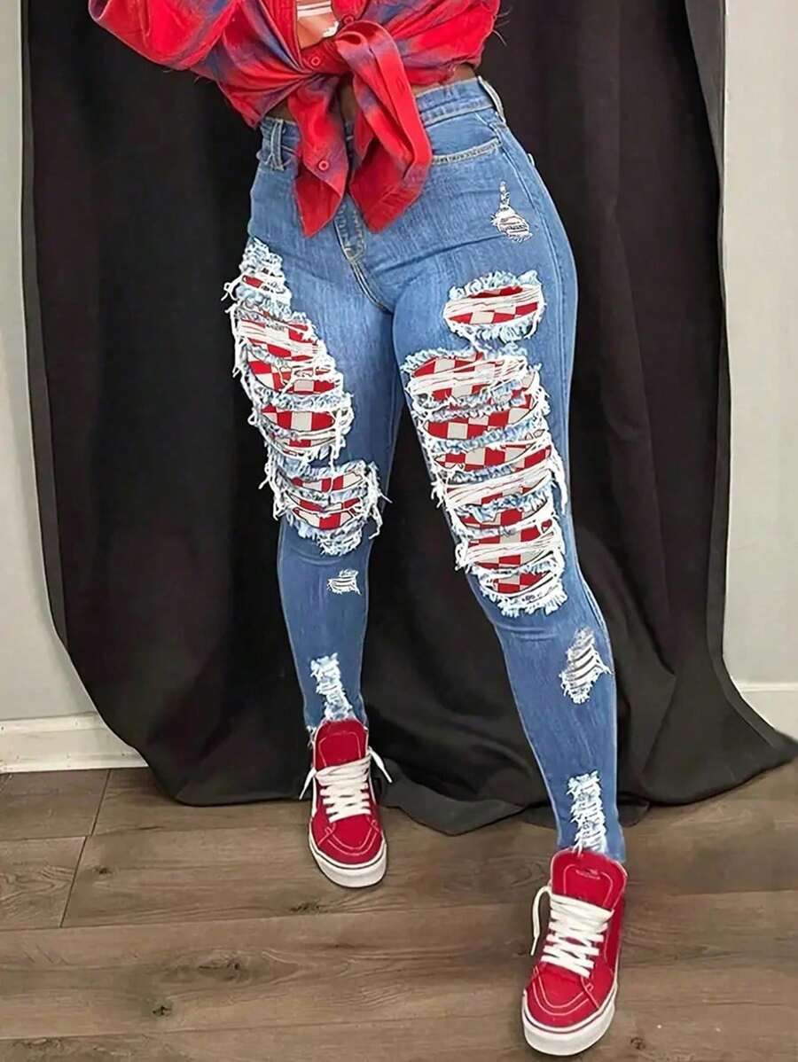 Quần jeans nữ dáng ôm sát, co giãn, phong cách châu Âu và Bắc Mỹ mới, có họa tiết rách cá tính, thích hợp cho mùa xuân.