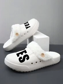 2025 Customized Laser Engraved Comfortable Women Winter Flat Wooden Sandals, Solid Color Slip-On Round Toe With Warm Lining Indoor Mules, Soft Thick Sole Warm Fleece Unisex Slippers, Casual Style Suitable For Adults, Nurses, Chefs, Gardeners