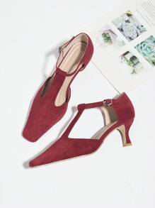 Women's Red Square Toe Mid-Heel Mary Jane Shoes, Pointed Toe Hollow Closed Toe Ankle Strap High Heel Sandals
