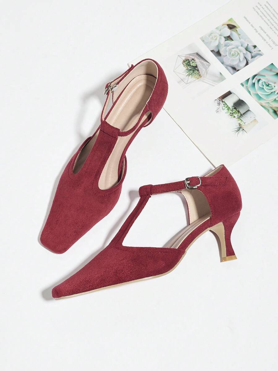 Women's Red Square Toe Mid-Heel Mary Jane Shoes, Pointed Toe Hollow Closed Toe Ankle Strap High Heel Sandals