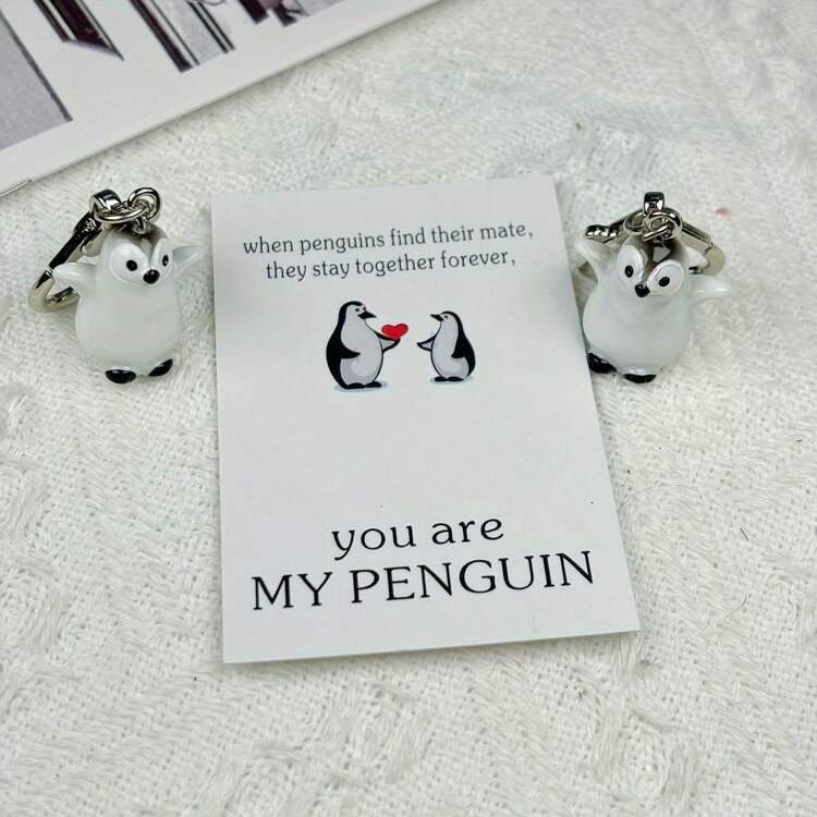 You Are My Penguin Pocket Hug Greeting Card, Paired With Lovely 3D Penguin Heart Keychain - A Cute Penguin Couple Resin Pendant Decorations For Bags And Earphones, Women Keychain With Heart Card Ring, Ideal Valentine's Day Gift, Unique Birthday, Wedding Anniversary Present, Warm Hug Love Penguin Keychain, For Best Friends, Wife, Husband, Boyfriend, Girlfriend - Black and White - View 1