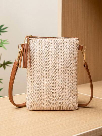 Mini Crossbody Bag Handmade Woven Tote Bag Solid Color Portable Handbag With French Style Tassel Decor Large Capacity Multi-Function Zipper Shoulder Strap Travel Shopping Bag Daily Use Straw Wallet Beach Bag Beach Essentials Beach Items And Summer Necessities Wallet Women Mini Crossbody Bag For Women Wallet Purse Wallet