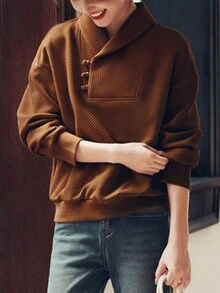 YUXIN 优雅中国风缺口领运动衫，原创设计纹理纽扣休闲女上衣，新款春冬时尚 - 咖啡棕 - 查看 3