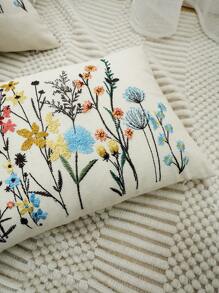 1pc, Canvas Flower Grass Embroidery Throw Pillow Cover Without Pillow Insert, Machine Washable, Zip Closure - Perfect For Home Decor Gifts Birthday Graduation