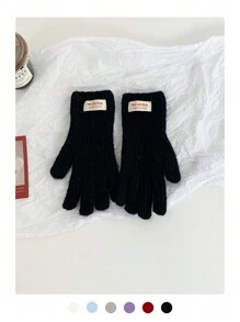 1 Pair Knitted Solid Color Applique Cute Five Finger Warm Long Cuff Touchscreen Fingerless Gloves, Wool Blend, Suitable For Autumn/Winter, Cycling