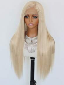 SALLYWELL 24 Inch Mint Blue Synthetic Lace Front Wig, Smooth Straight Hair, Fashion Style For Women; 13x4 High Definition Mint Green Lace Front Wig, Pre-Trimmed Hairline - Gold - View 3