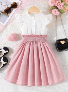 Young Girls' Solid Color Ruffle Trim Cap Sleeve Splice Dress - Pink - View 1