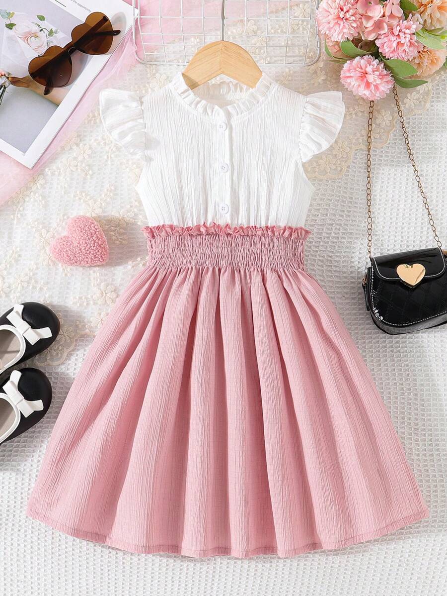 Young Girls' Solid Color Ruffle Trim Cap Sleeve Splice Dress - Pink - View 1