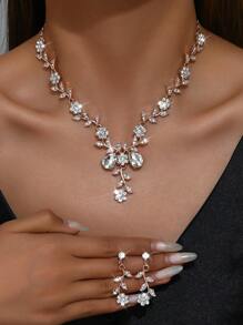 3 件套新娘水晶和莱茵石项链耳环套装，女士派对礼服配饰 - 彩色 - 查看 4