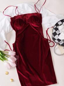 1件女裝彈性天鵝絨中空性感睡裙 - 酒紅色 - 查看 12