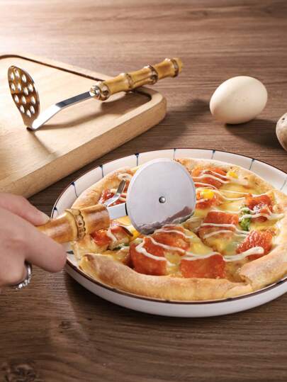 1pc Natural Bamboo Handle Pizza Cutter/Potato Masher, Stainless Steel Manual Pizza Tool