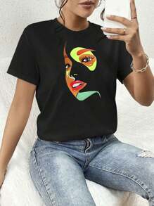 Women's Personalized Print Colorful Face Loose Round Neck T-Shirt