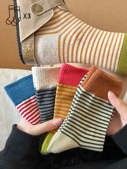 3 Pairs Ladies Random Striped Mid-Calf Socks, Casual, All Season, Fall