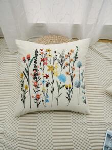 1pc, Canvas Flower Grass Embroidery Throw Pillow Cover Without Pillow Insert, Machine Washable, Zip Closure - Perfect For Home Decor Gifts Birthday Graduation