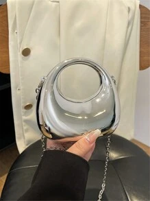 1 件前卫金属亚克力新月盒迷你手提包，亮银色和金色新月钱包，配金属链带，时尚斜挎包，口红，耳机盒，女士派对手拿包