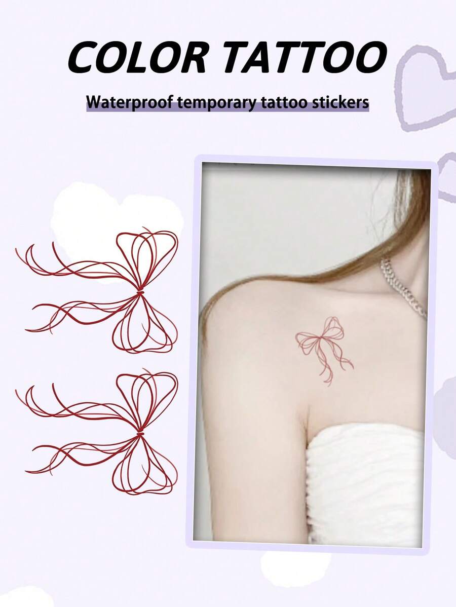 1 件蝴蝶结临时纹身防水防汗逼真仿假纹身男女纹身贴纸适用于手臂、胸部、腿部、腹部、腰部现代人体艺术 - 紅色 - 查看 1