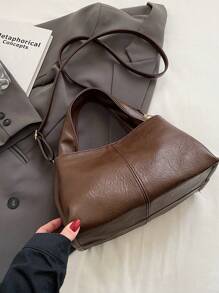 1 Bolso de hombro de color café con textura de PU , cierre magnético, nueva colección 2025, bolso bandolera a juego