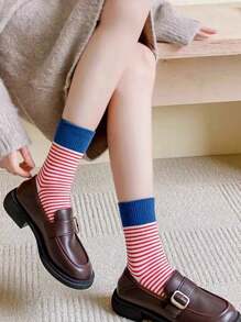 3 Pairs Ladies Random Striped Mid-Calf Socks, Casual, All Season, Fall - Multicolor - View 4