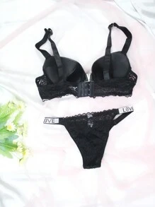 Sexy Vinyl Bra And Thong Set With Lace Detail And V-Shaped Clasp, Shiny Stones On Adjustable Straps
