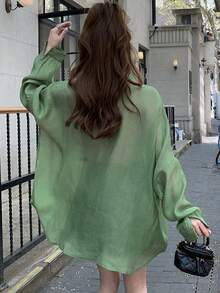 女式时尚纯色图案前口袋落肩大码衬衫 - 綠色 - 查看 3