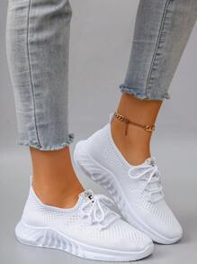 Women's Casual Sports Mesh Sneakers, Breathable Comfortable Lightweight Lace-Up Solid Color, Pink, Bright Color, Anti-Slip, Wear-Resistant