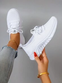 Women's Casual Sports Mesh Sneakers, Breathable Comfortable Lightweight Lace-Up Solid Color, Pink, Bright Color, Anti-Slip, Wear-Resistant