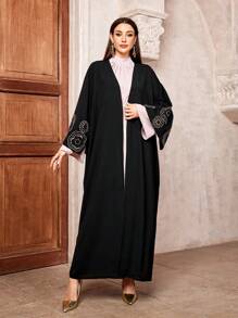 Thời trang chắp vá sequin thêu tay áo kimono abaya áo choàng caftan Hồi giáo quá khổ quần áo Hồi giáo phụ nữ áo khoác dài kaftan - màu đen - Xem 2