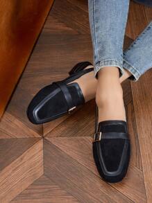 2025年秋季女士时尚露趾穆勒平底鞋，低跟绒面革，黑色，春夏 - 黑色 - 查看 5