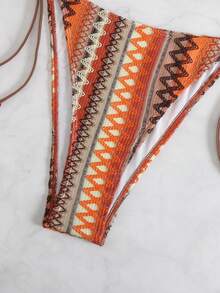 Swimming Summer Beach Geography Printed Strap Triangle Strap Plus Size Bikini Set - Coral Orange - View 4