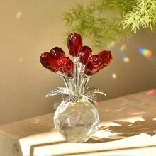 1 Piece Handmade Crystal Red Rose Flower Figurine With Round Vase, Romantic Rose Gifts For Women On Valentine's Day Mother's Day Birthday, Rose Collectible Figurines For Home Party Wedding Decorations Graduation